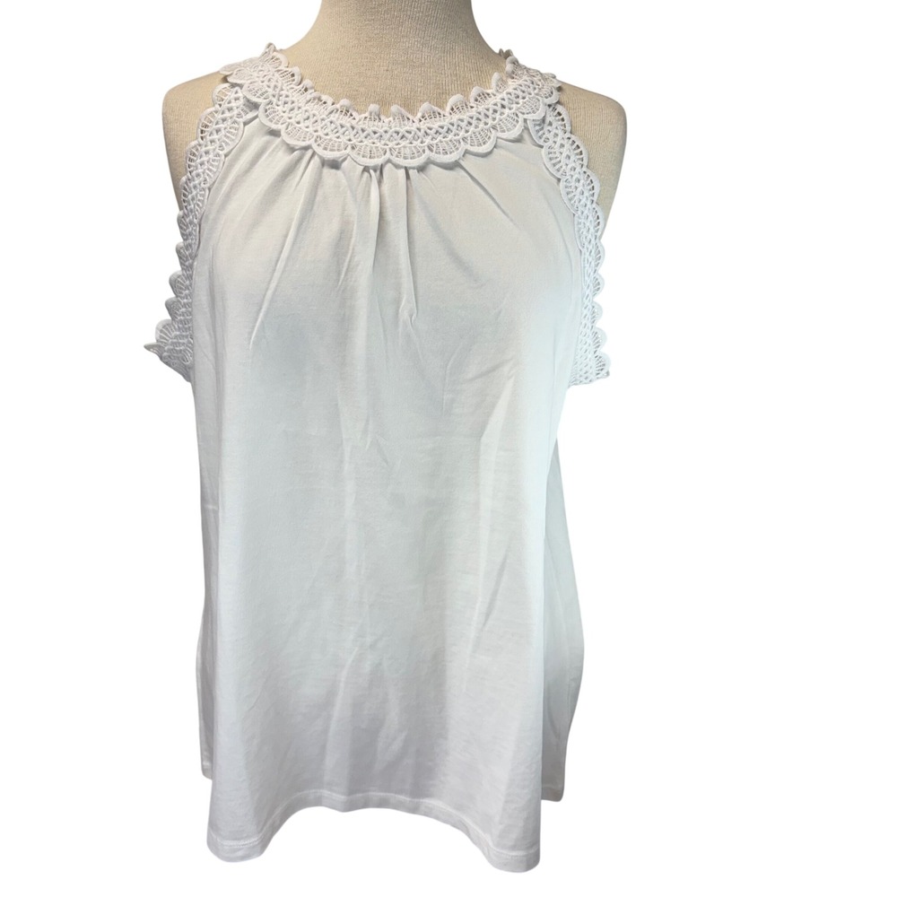 Talbots Crochet Lace Trim Tank Top Women XL White Cotton Sleeveless Keyhole Back